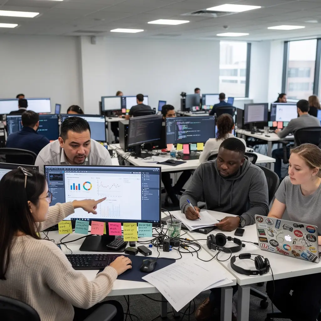 Студент, работающий над проектом в команде с коллегами за столом.