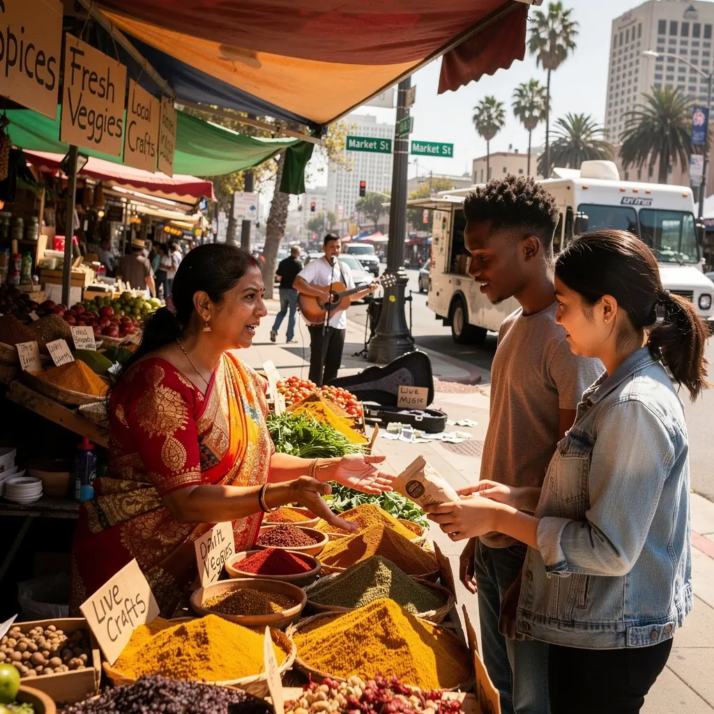 Дети пробуют сладости и выпечку на яркой ярмарке еды